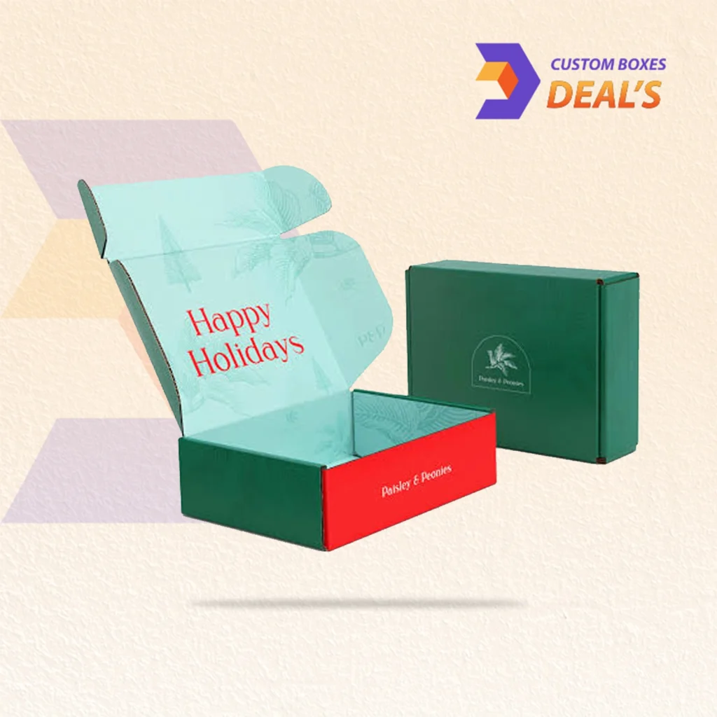 Holiday mailer boxes with festive designs for seasonal product shipping.