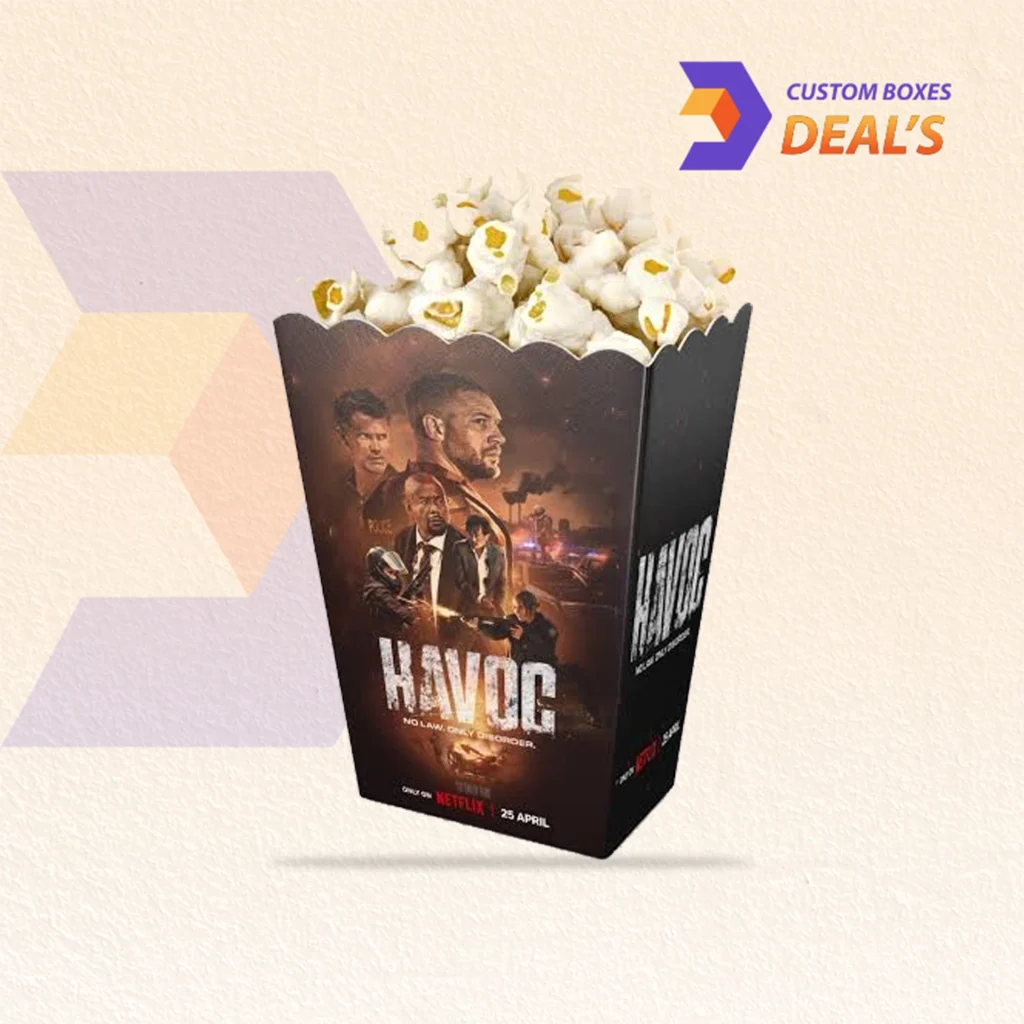 Movie night popcorn boxes with custom cinema themed designs