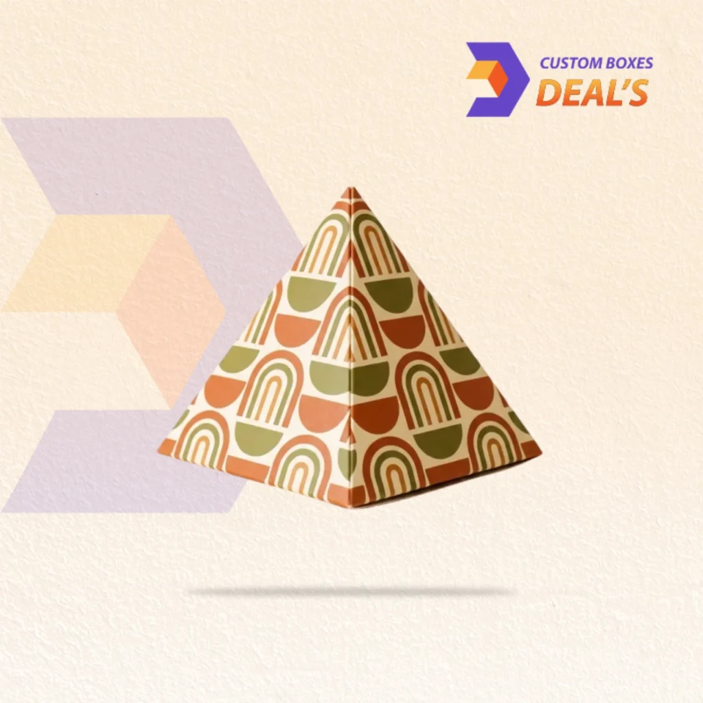 Printed custom pyramid boxes featuring an eye-catching structure for branded product presentation