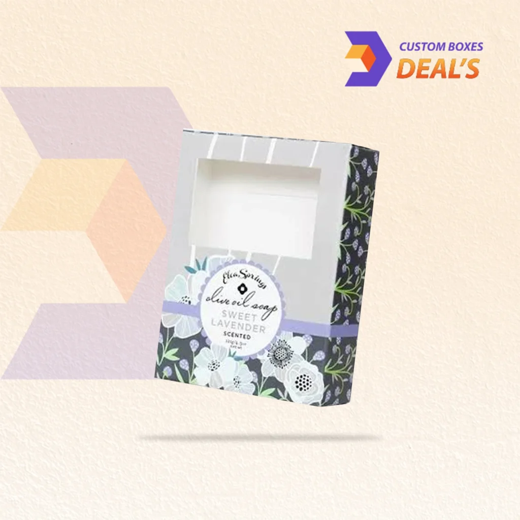Custom window soap boxes with clear cutout and printed branding