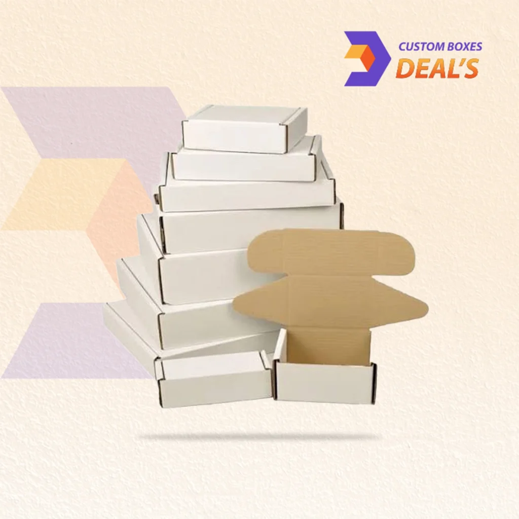 Custom white corrugated boxes with printed branding and design