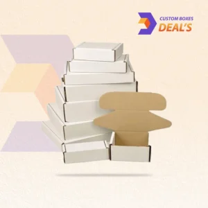 Custom white corrugated boxes with printed branding and design