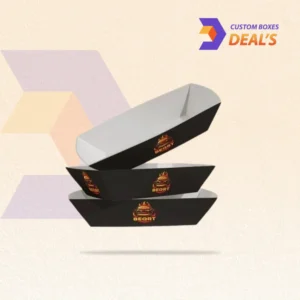 Branded food serving boats for attractive and convenient takeaway presentation