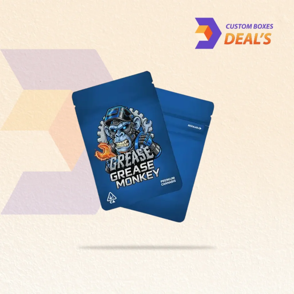 Custom printed Grease Monkey Mylar Bags with moisture-resistant and airtight features.