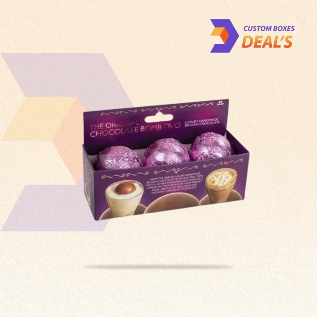 Printed cocoa bomb boxes with festive and branded designs for hot chocolate products