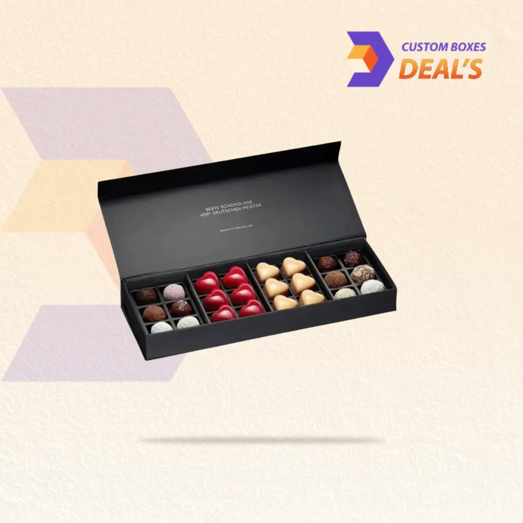 Custom rigid chocolate boxes with bespoke branding for premium confectionery packaging