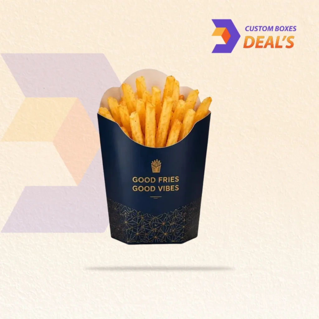 Branded paper fry holder designed for easy serving and attractive food presentation