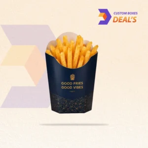 Branded paper fry holder designed for easy serving and attractive food presentation