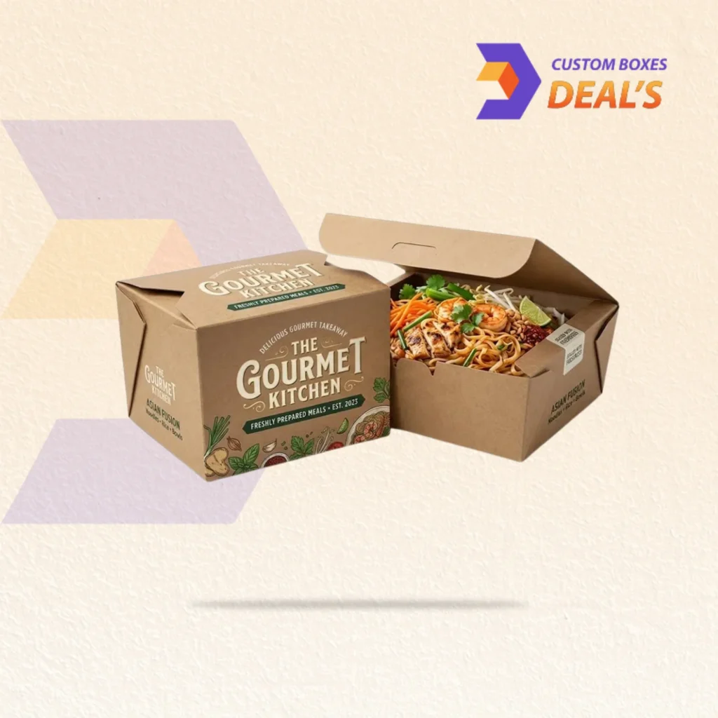 Branded restaurant food packaging designed for professional presentation and delivery
