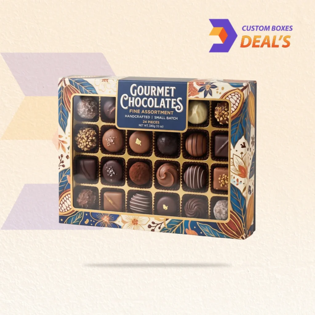 Printed window chocolate packaging boxes designed to display and protect assorted chocolates elegantly